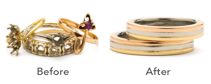 We redesigned the old engagement rings on the left into two new tri-color wedding rings on the right.